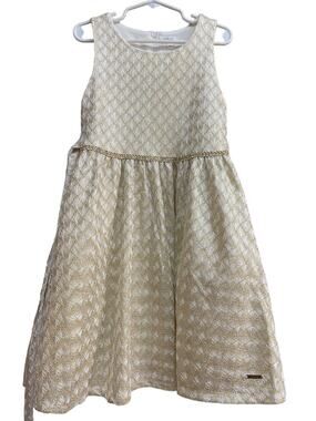 Tahari Girls Fit and Flare Dress Size 6 Gold White Tinsel Wedding Party Holiday